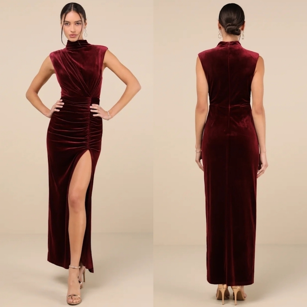 Lulus Alluring Image Burgundy Ruched Velvet Mock Neck Maxi Dress S Wedding Party